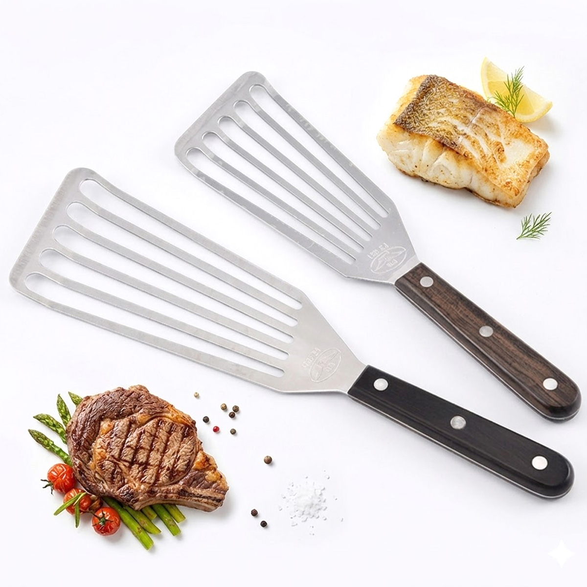 Okonomiyaki Spatula - 魚用スパチュラ、ステンレス製金属スパチュラ、調理、反転、回転、揚げ物、グリル用の穴あきスパチュラ